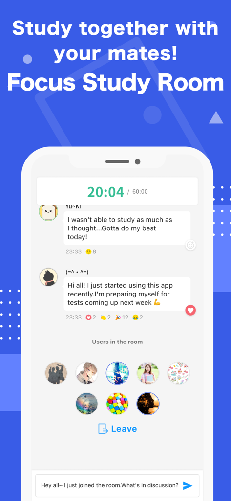 Clearnote -Notebook Sharing- - Interface of Clearnote Focus Study Room featuring a study timer and group chat with other students.