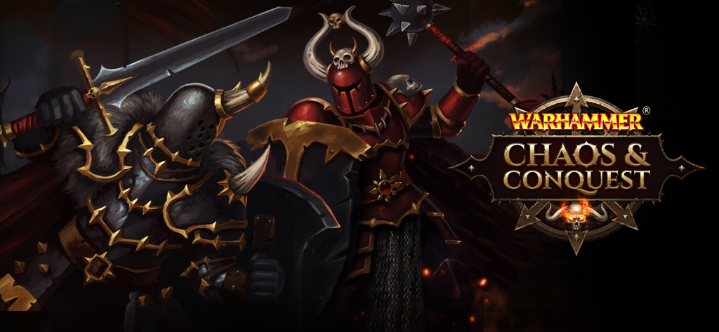 Warhammer: Chaos & Conquest - Promotional artwork for Warhammer Chaos and Conquest featuring two armored Chaos warriors and the game logo