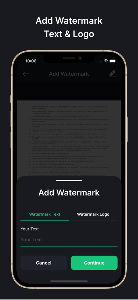 PDF Compressor: Size Reduce - Mobile app interface showing how to add a text or logo watermark to a PDF document