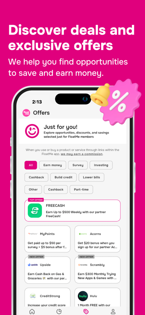FloatMe app interface showing a marketplace of exclusive deals and offers to save or earn money