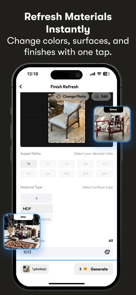 Furnea app interface showing a chair material being refreshed with AI