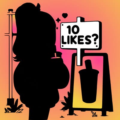 girl with oversized hoodie drinking boba and she has a high ponytail with a sign that says 10likes?