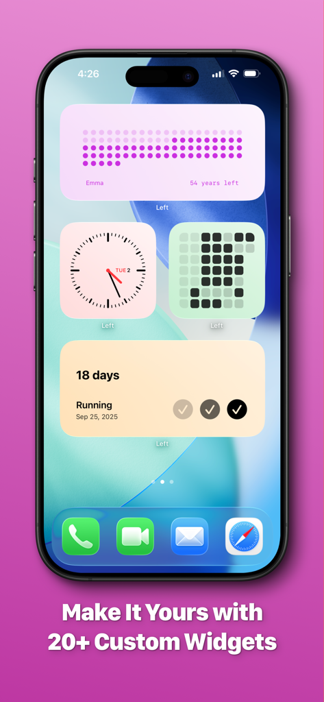 Left - Widgets for Time Left - A collection of aesthetic iPhone home screen widgets for tracking life progress and daily habits