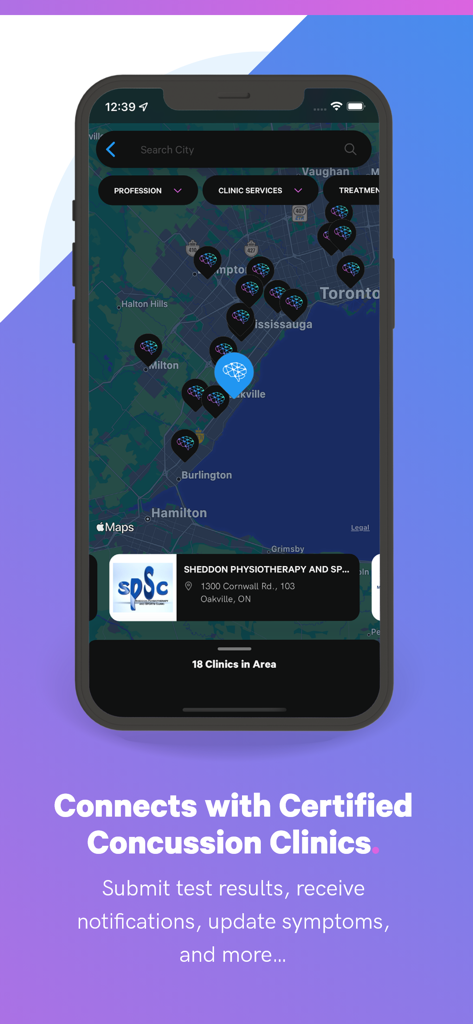 Concussion Tracker - Concussion Tracker app map showing nearby certified concussion clinics