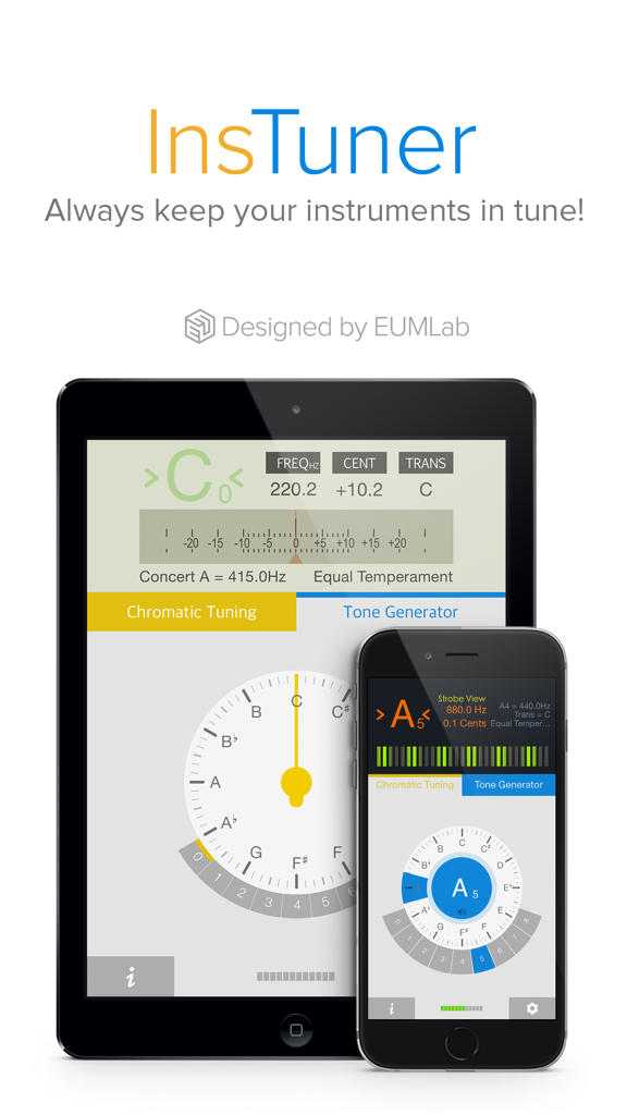 insTuner - Chromatic Tuner with Tone Generator - Interface do aplicativo afinador cromático profissional e gerador de tons insTuner no iPhone e iPad