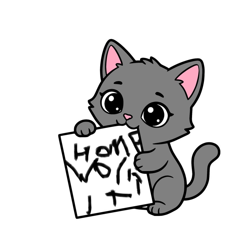 a small cat with a blank sheet of paper in its hand. the cat is sooooooo cute!