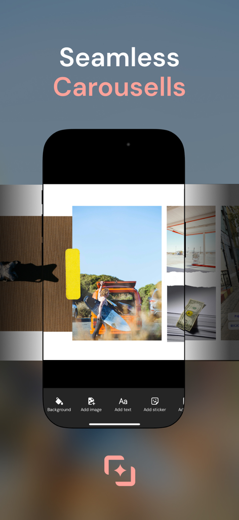 Collagio: Photo Collage Editor - Mobile screen showing the seamless Instagram carousel maker feature in the Collagio app