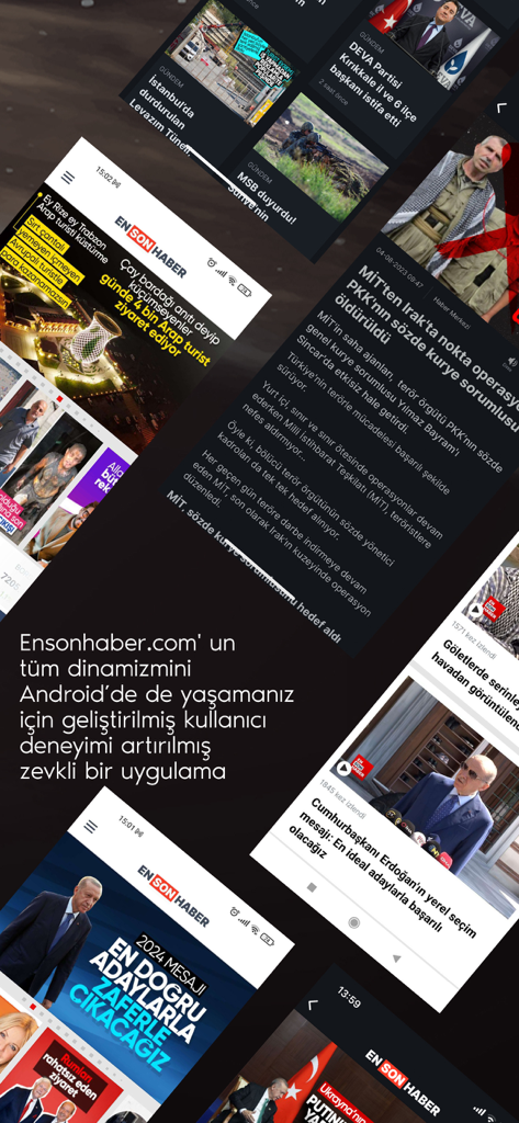 Multiple screenshots of the Ensonhaber news app featuring Turkish headlines and multimedia content