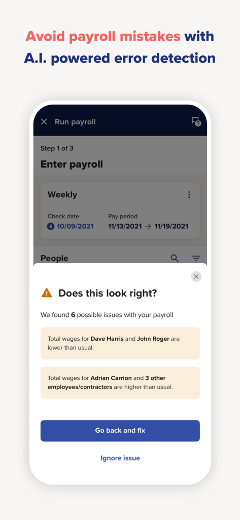 ADP RUN mobile app interface displaying an AI-powered payroll error detection pop-up alert for small business owners to review potential wage issues.
