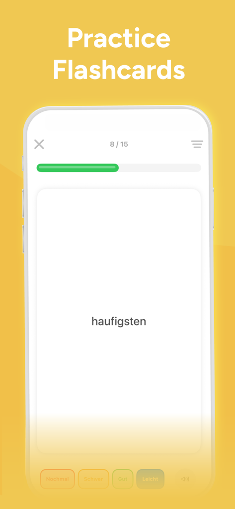 Vocabulary Builder Learn words - Interfaz de aplicación móvil que muestra una pantalla de práctica de tarjetas con la palabra 'häufigsten' y botones para calificar la dificultad.
