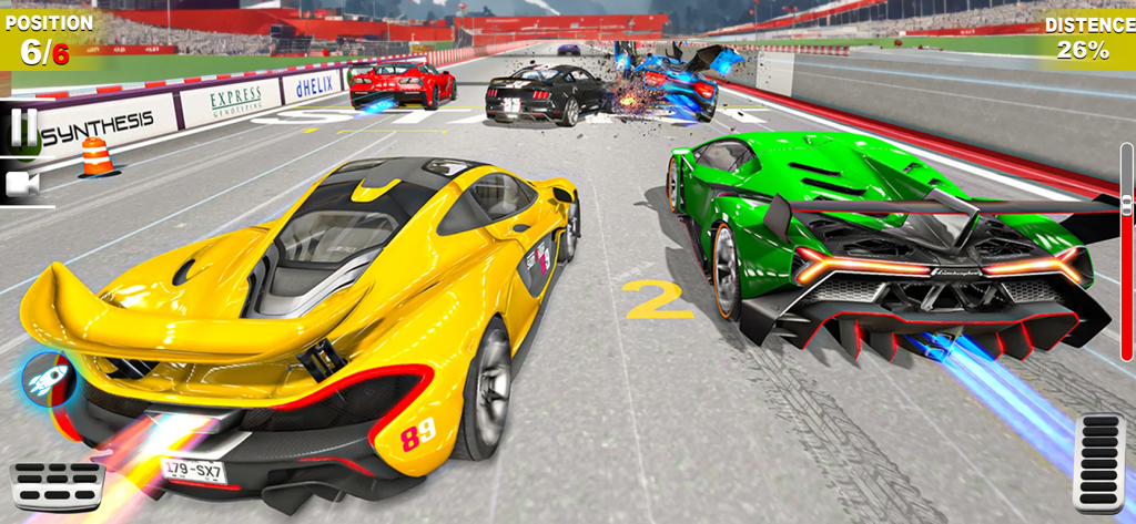 Car Race 3D Highway Racing - Un superdeportivo amarillo y verde compitiendo a alta velocidad en una pista 3D con efectos nitro