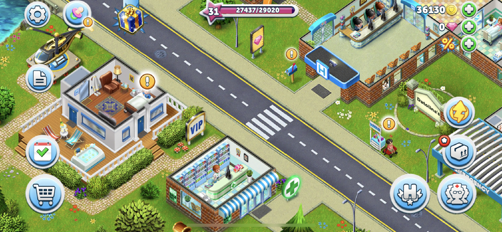 My Hospital: Decorate and Heal - 다양한 의료 건물과 게임 인터페이스 요소를 보여주는 맞춤형 병원 캠퍼스의 오버헤드 뷰