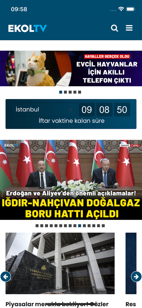 Ekol TV - Interface of the Ekol TV app featuring Turkish news headlines and an iftar countdown timer.