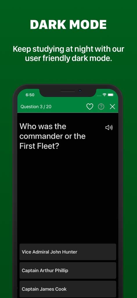 Australian citizenship test app interface in dark mode showing a practice question about the First Fleet.