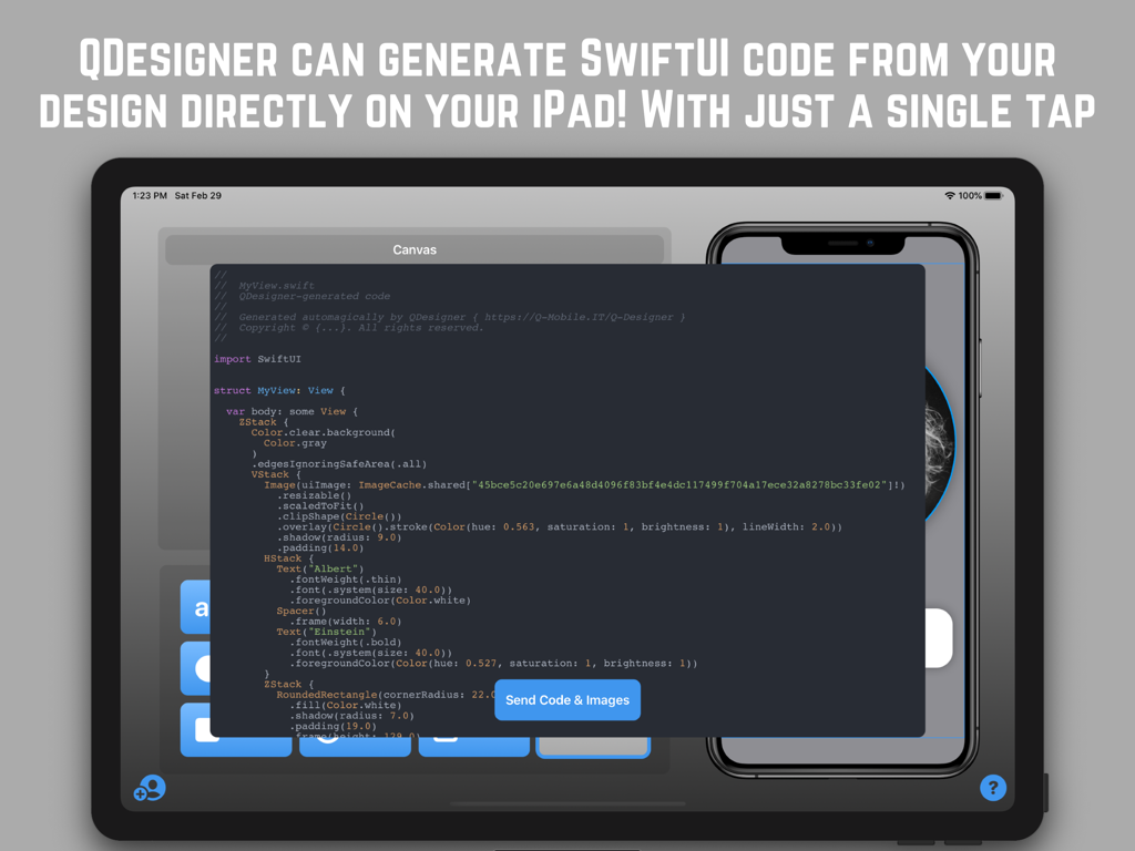 QDesigner - SwiftUI code generated on an iPad using the QDesigner app