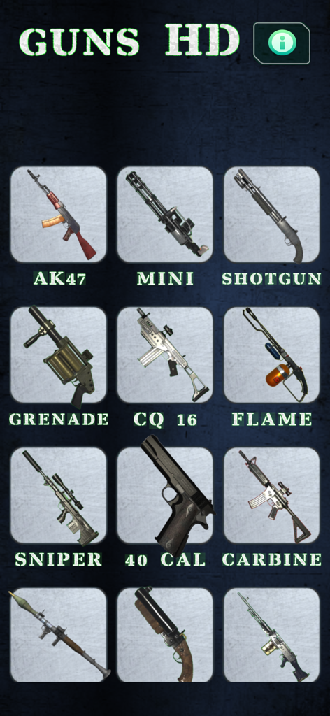 Guns HD - Tap to shoot - Pantalla de selección de armas en Guns HD mostrando una cuadrícula de varios iconos de armas de fuego, incluyendo AK47, francotirador y escopeta.