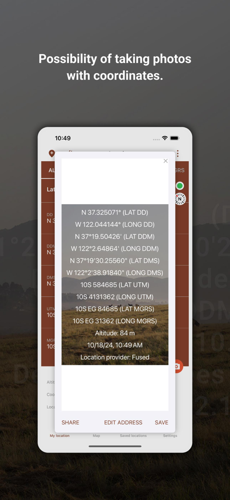 Smartphone screen displaying a photo with a detailed GPS coordinates overlay including UTM and altitude data