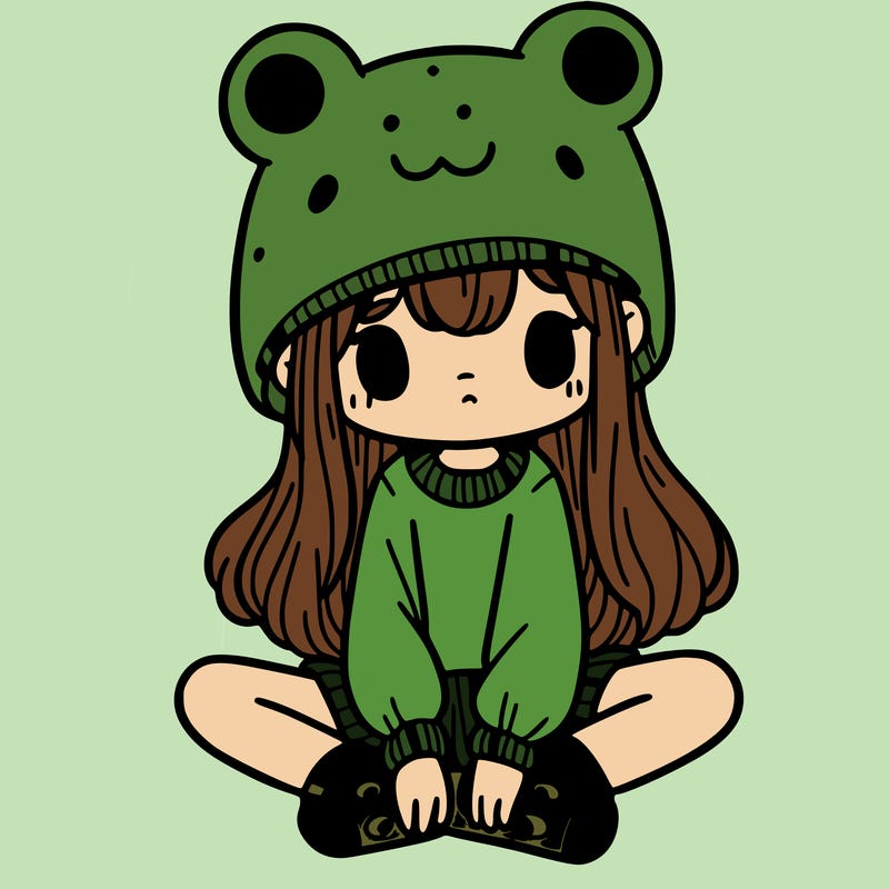 a girl wearing a frog hat and some frog socks