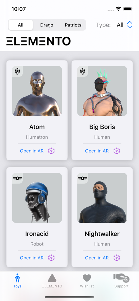 Catalogue de jouets de personnages de collection dans l'application ELEMENTO avec options de prévisualisation RA