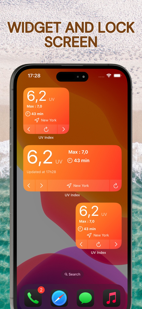 UV Index - Tan Widget - Pantalla de inicio de iPhone mostrando widgets del Índice UV - Widget de Bronceado de varios tamaños con datos solares en tiempo real para Nueva York