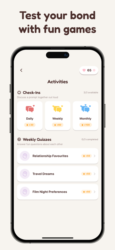 Pookie - Raise a shared pet - Pantalla de actividades de la app Pookie que muestra cuestionarios de relación y opciones de check-in para parejas.