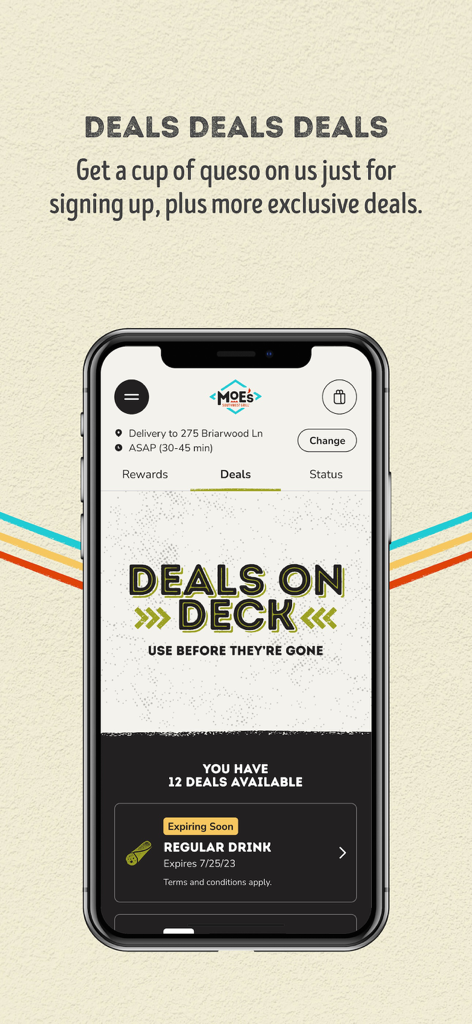 Moe’s Southwest Grill - A smartphone displaying the Moe’s Southwest Grill app rewards section showing exclusive deals like free queso and drink rewards.