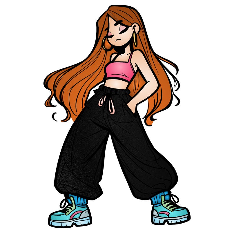 girl in baggy pants crop top and long hair