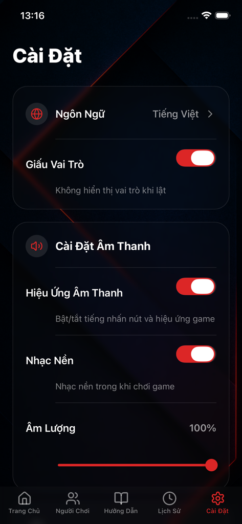Écran des paramètres du jeu "Qui est l'espion" montrant les contrôles de langue et audio en mode sombre.