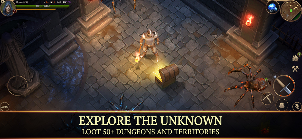 Stormfall Saga of Survival에서 어두운 던전을 탐험하며 빛나는 보물 상자를 발견하는 전사