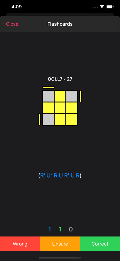 Cube CFOP - Flashcards screen in the Cube CFOP app showing a Rubiks cube algorithm for training