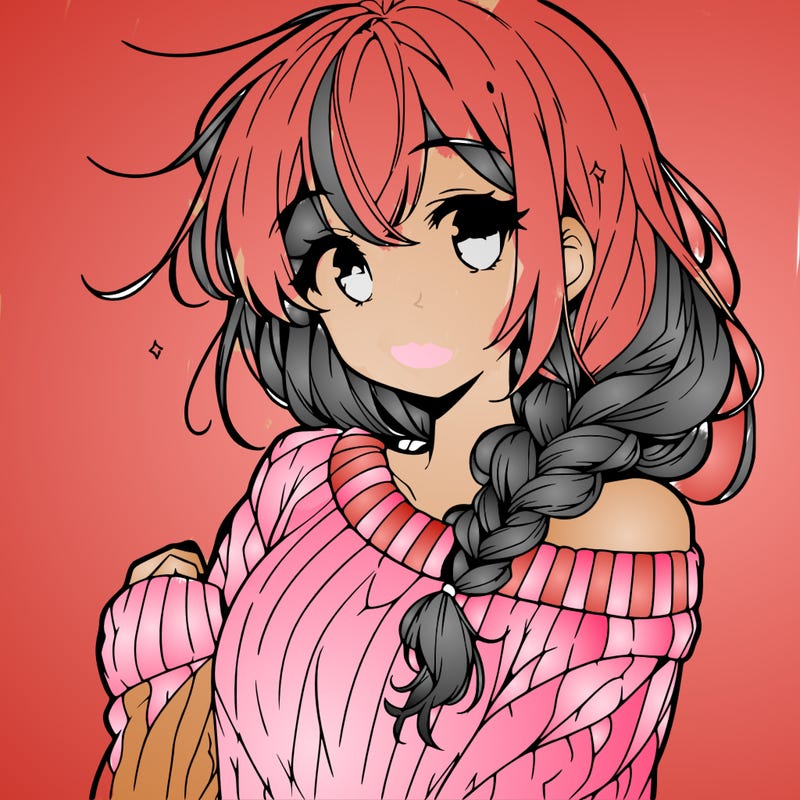 anime cute girl with hair in loose side braid and a sweater off on one shoulder