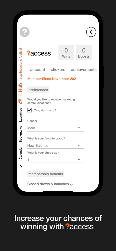 size? launches - User account profile page in the size? launches app showing membership details and preferences