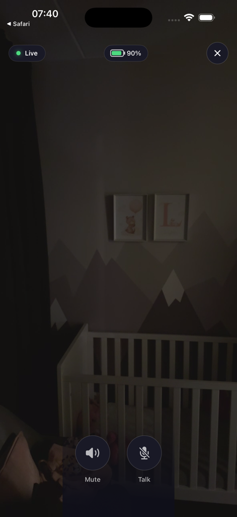 BlinkBaby - Baby Monitor - Live video feed of a baby nursery in the BlinkBaby monitor app showing a crib and mountain mural.