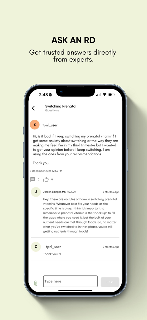 The Prenatal Nutrition Library - Ask an RD chat feature in The Prenatal Nutrition Library app showing expert advice from a dietitian