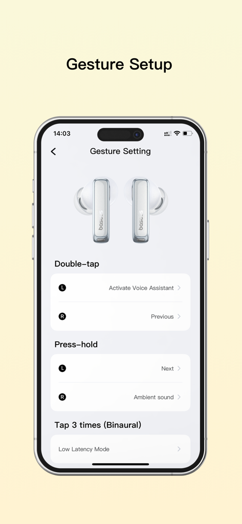 Gesture setup screen for Baseus earbuds showing tap and hold controls on a smartphone interface.