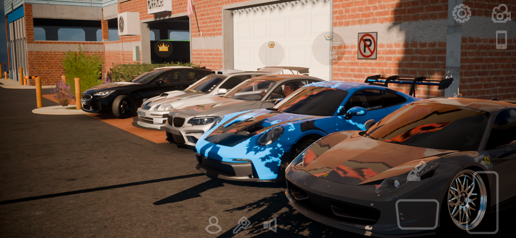 A row of customized sports cars parked in front of a brick building in a multiplayer car meeting scene