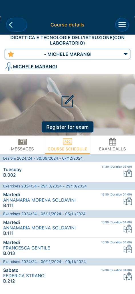 Icatt - Icatt app screen showing course details, class schedules with times and room numbers, and a button to register for exams.