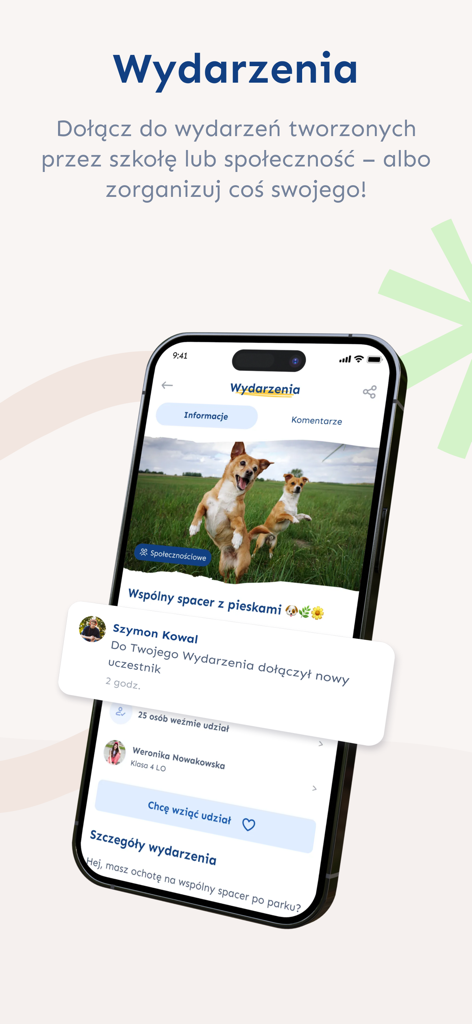 Szkoła w Chmurze - Aplicativo da comunidade de ensino doméstico mostrando um evento de passeio com cães com detalhes de participação e notificações.