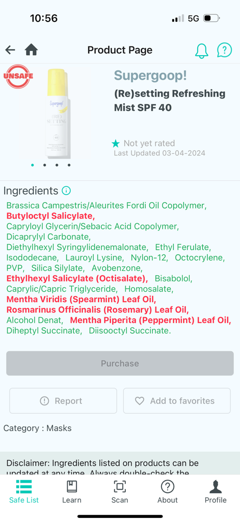 ACDS CAMP - A product page in the ACDS CAMP app showing a setting mist marked as unsafe with specific allergens highlighted in red within the ingredients list.