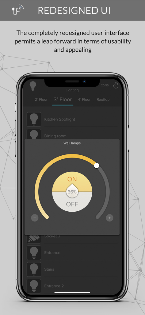 Thinknx UP - Thinknx UP mobile app displaying a redesigned user interface for controlling wall lamp lighting and dimming.