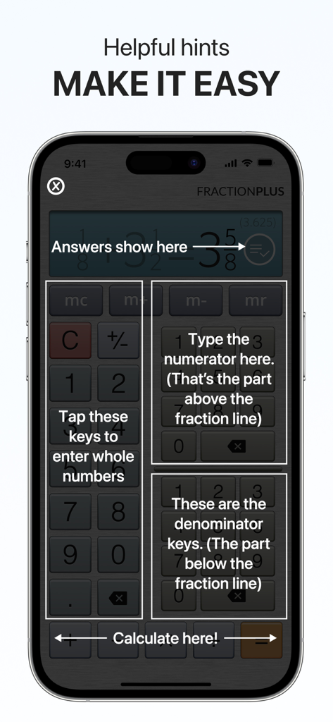 Fraction Calculator Plus #1 - Pantalla de tutorial de la aplicación Fraction Calculator Plus que muestra el teclado triple para números enteros, numeradores y denominadores