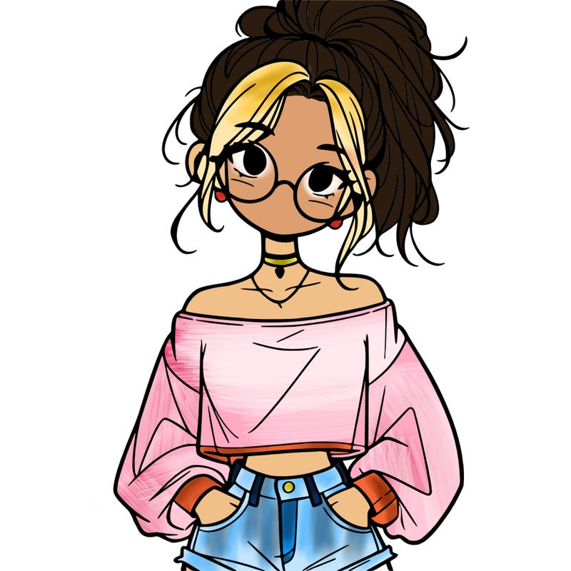 girl with a messy ponytail glasses a baggy crop top and jean shorts
