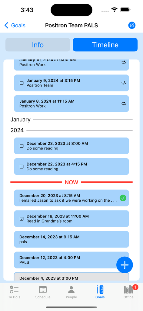 The North 40 - Uma visualização da linha do tempo de metas no aplicativo The North 40 mostrando tarefas agendadas e histórico de progresso em várias datas.