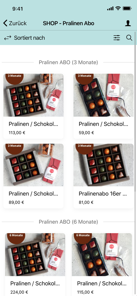Naschkatze Münster App Shop-Oberfläche, die verschiedene Gourmet-Schokoladen-Abonnementpakete anzeigt