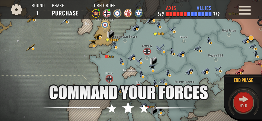 Juego de Axis and Allies 1942 Online mostrando un mapa estratégico de la Segunda Guerra Mundial de Europa con unidades militares y una interfaz de mando