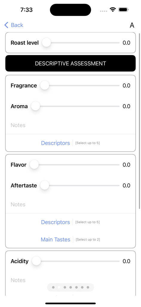 Catador CVA - Professional coffee cupping scoresheet in the Catador CVA app featuring sensory attribute sliders for fragrance aroma flavor and acidity.
