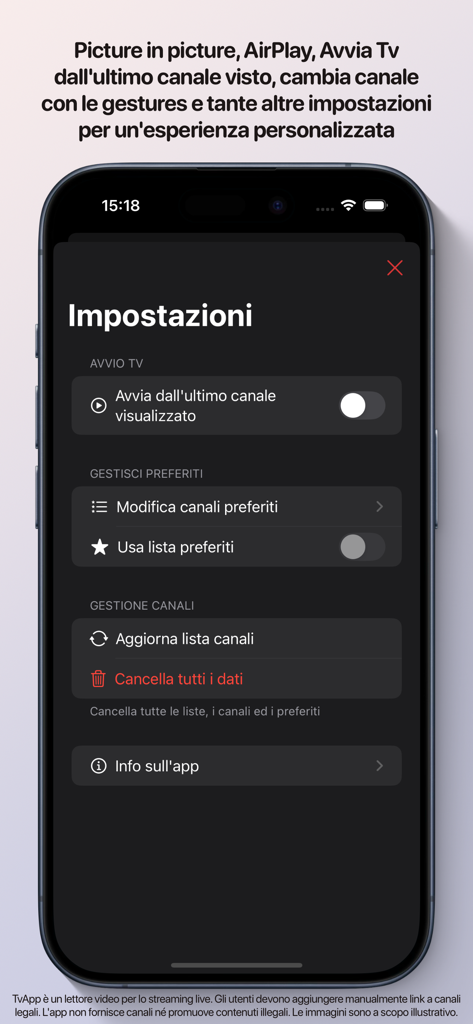 TvApp - Live TV streaming - Settings menu of TvApp IPTV player for managing channel lists and favorites