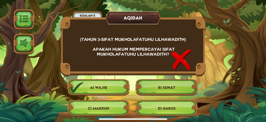 Question de quiz à choix multiples dans l'application KAFA et UPKK avec un fond de jungle