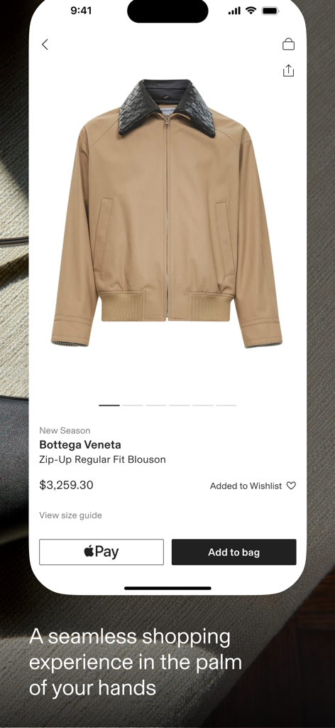 CETTIRE mobile app interface showing a Bottega Veneta zip-up jacket for luxury shopping