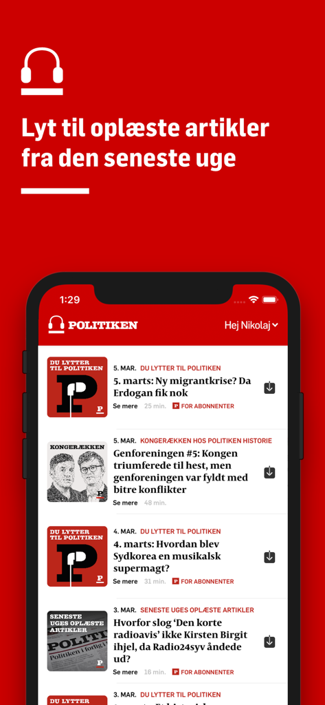 Smartphone screen displaying a list of news podcast episodes in the Politiken Podcast app.